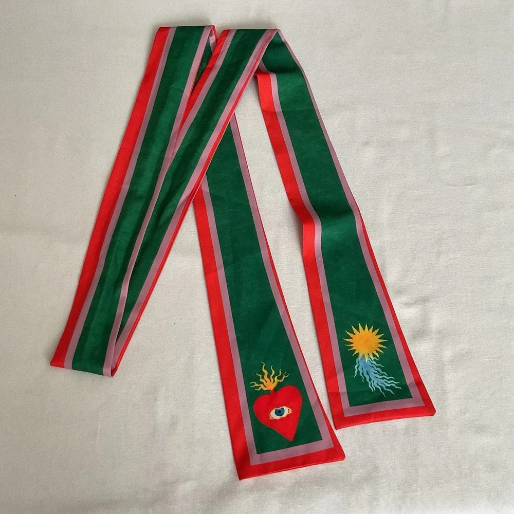 Vintage Scarf Red Green Heart Eye Sun Art Print Pink Border Boho Statement